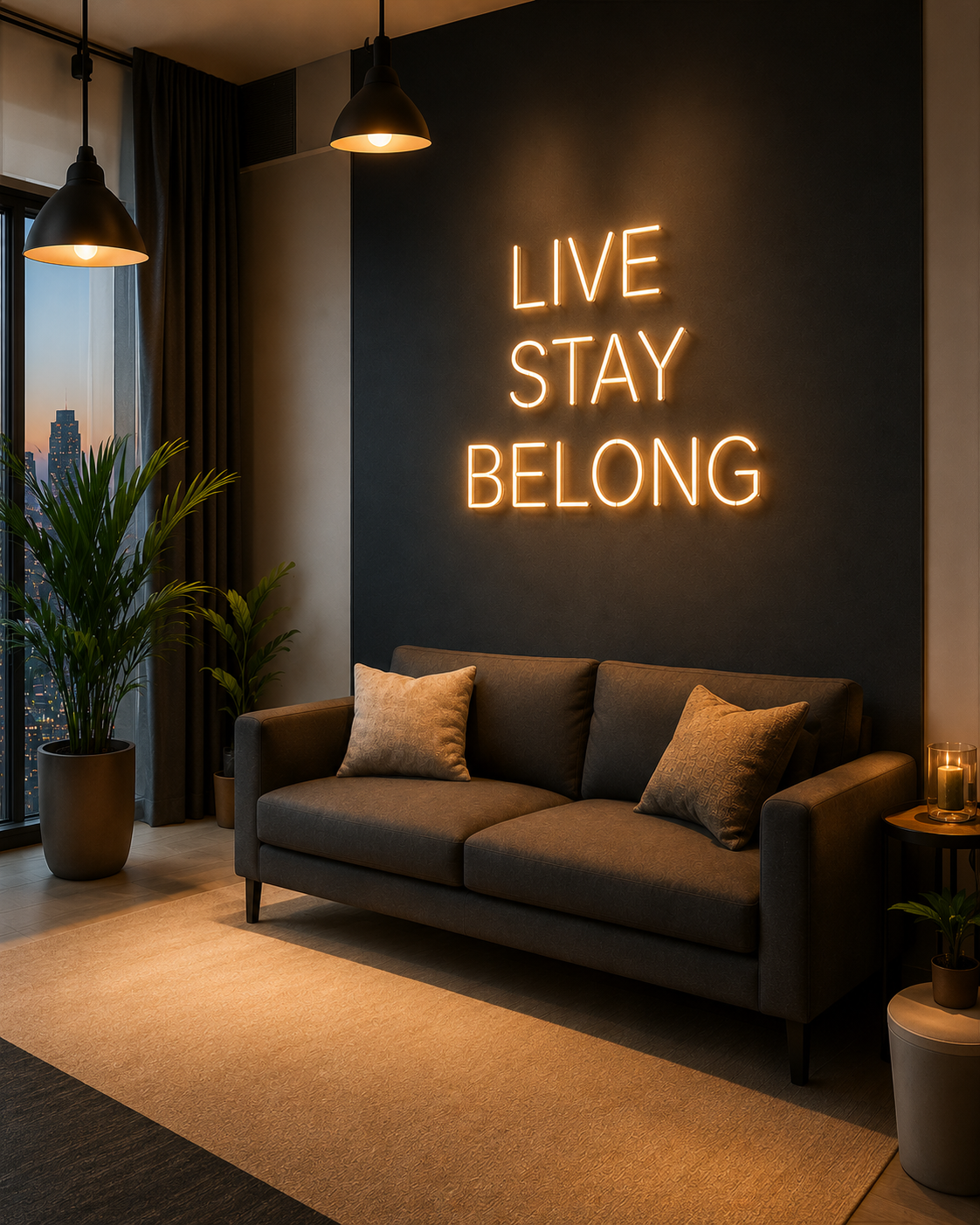 Common lounge with neon Live Stay Belong signage